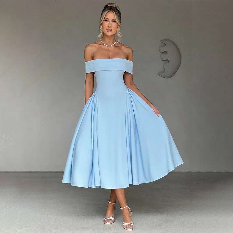 Dongdumaoyi Townlike Midi Long Waist Wrap A Line Dress Women Off Shoulder Spring Summer Backless Nightclub Sexy Party Dresses