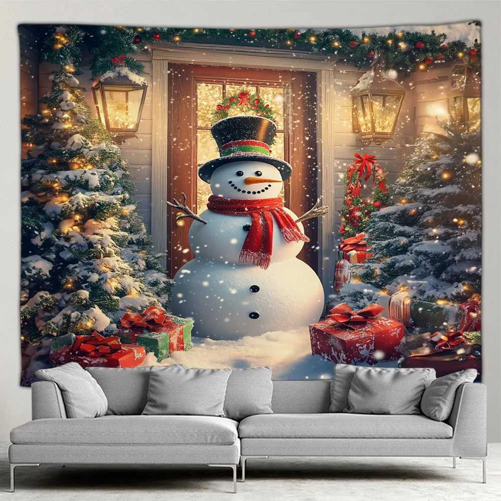 Christmas Tapestry Cute Snowman Xmas Tree Gift Outside Window Winter Forest Scenery New Year Home Living Room Decor Wall HangingM251125