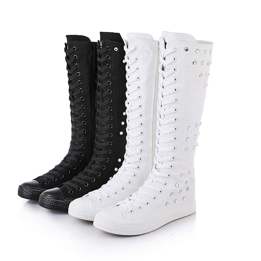 Spring new long rivet breathable hole front lace-up side zipper canvas shoes casual flat inner heightening large size women shoe
