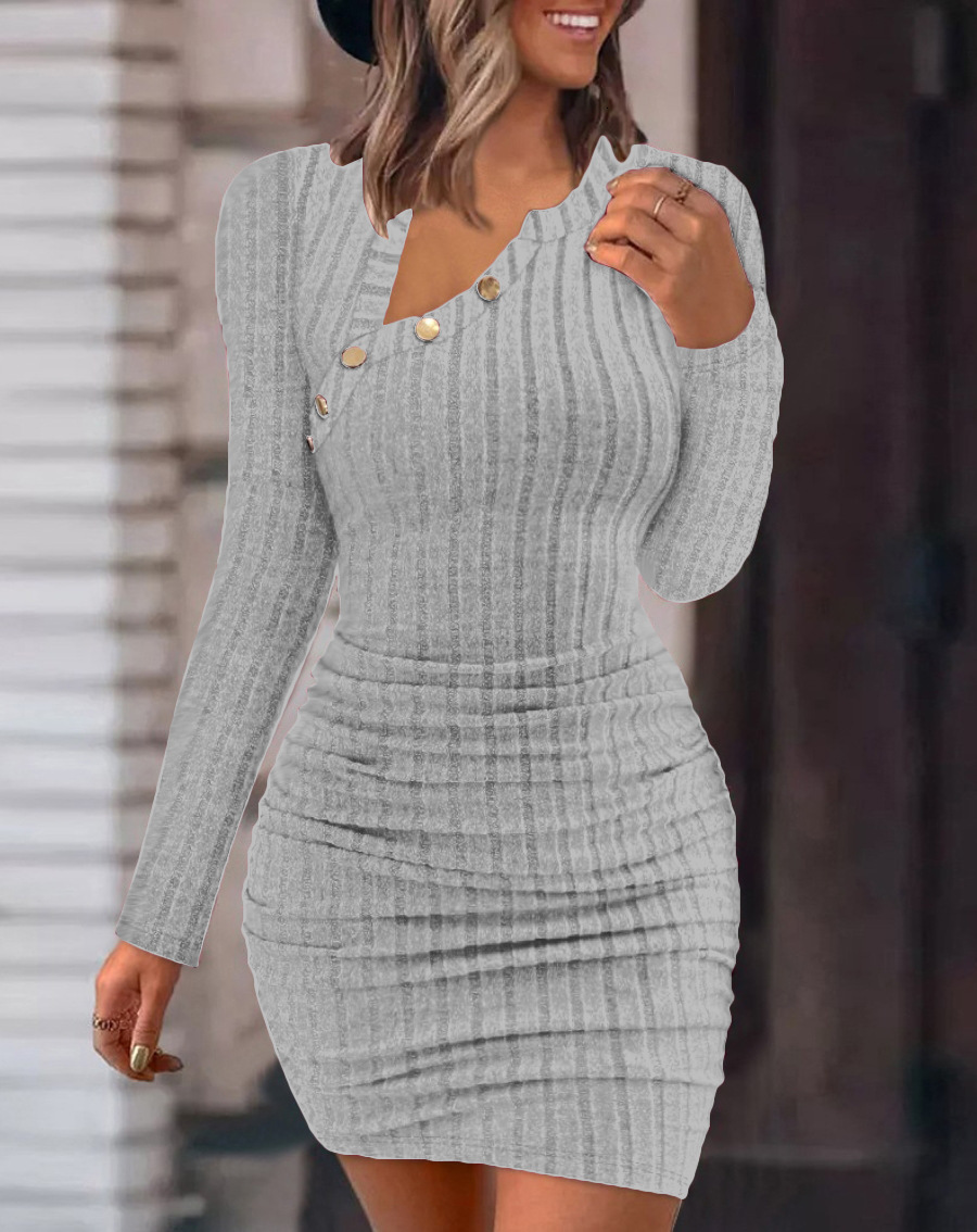 2023 new womens solid color off shoulder sloping neck tight fitting hip hugging fashionable slim fit sexy long sleeved dress