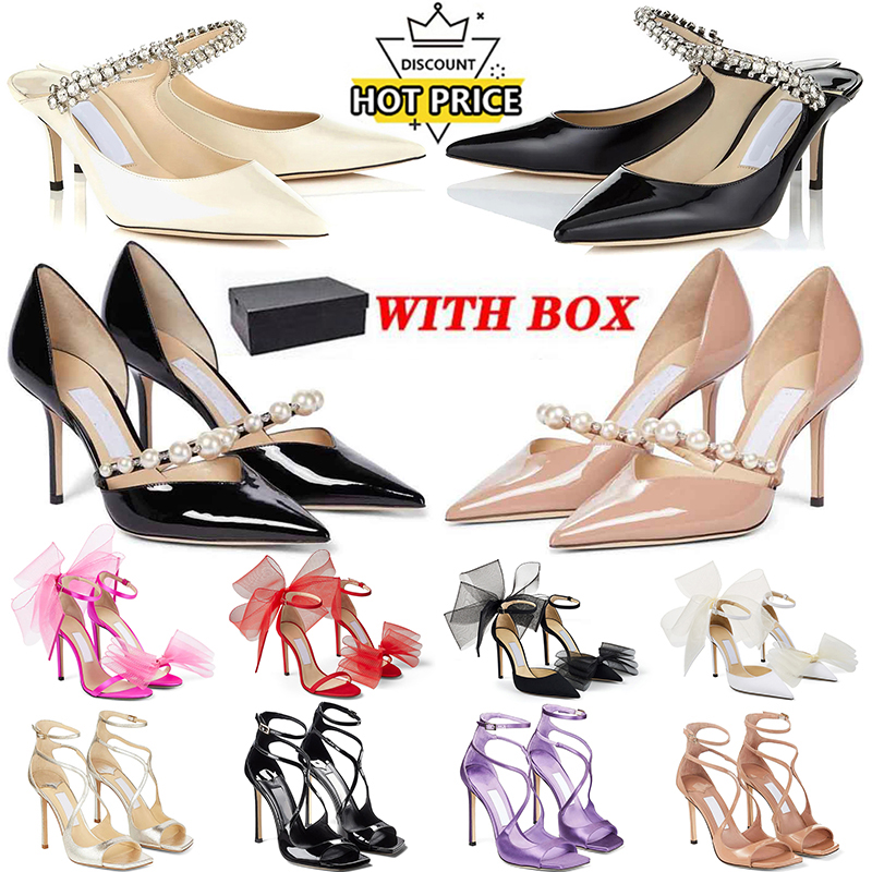 With BOX Luxury Women Shoe Jimmy Choo High Heels Sandals Women Heel Pumps Sandal[code ：L]With Asymmetric Grosgrain Mesh Fascinator Bows Wedding D