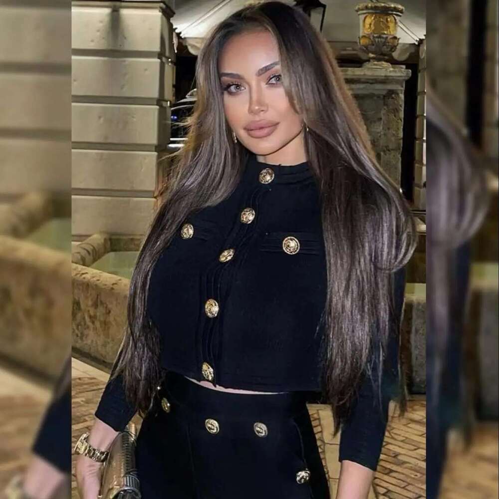 Women's Autumn Sleeve Gold Button Stretch Bandage Black Top Long Pants Casual Holiday Fashion Sets