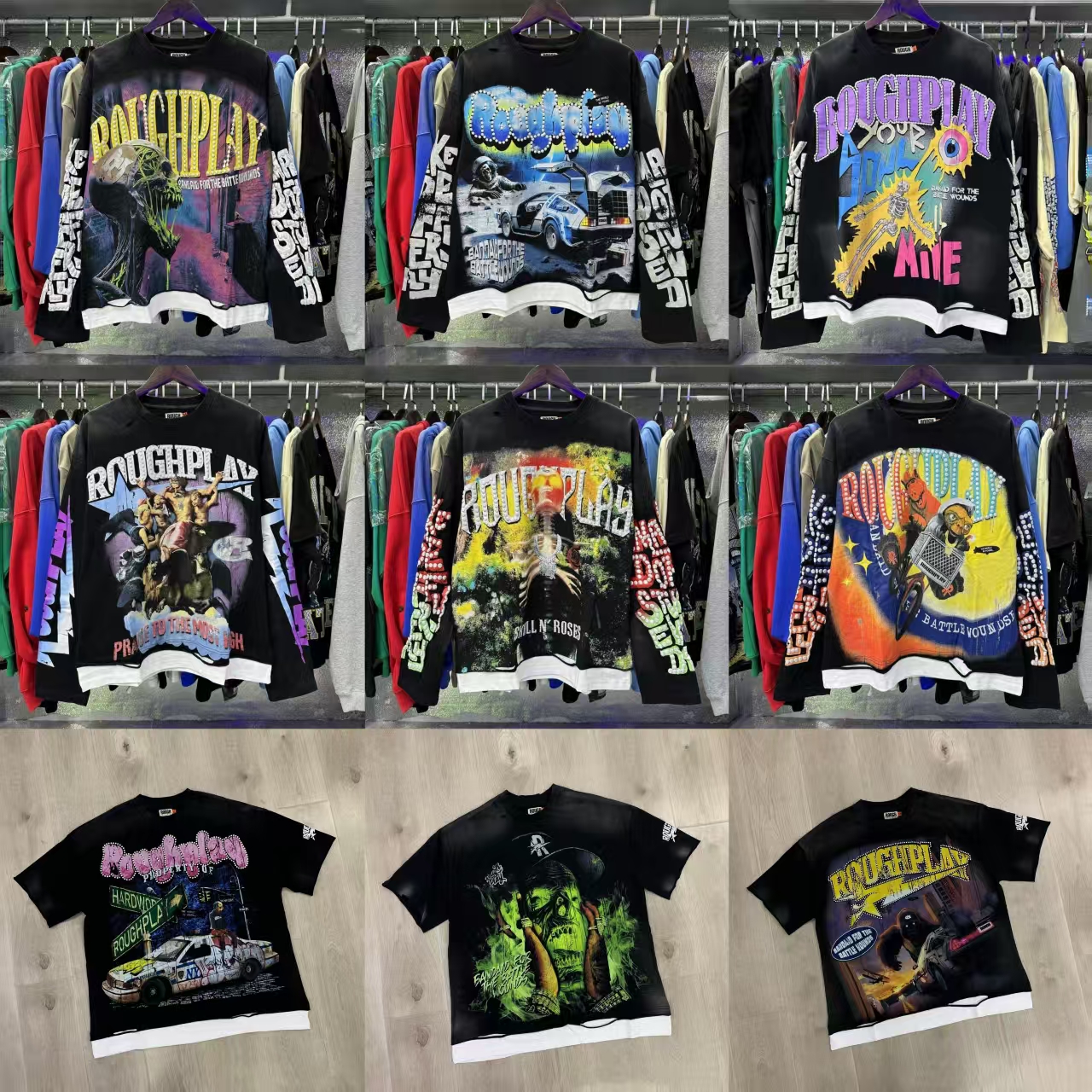 roughplay Men's Hoodies Rough Play Graffiti Letter Print Washed Patchwork Long Sleeve T shirts For Men And Women Vintage Cotton Autumn T-shirt Oversized Top Tees