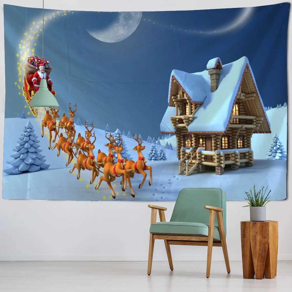 Christmas tapestry winter snow view Santa Claus elk fireplace room art decoration wall hanging cloth Christmas giftsM251125