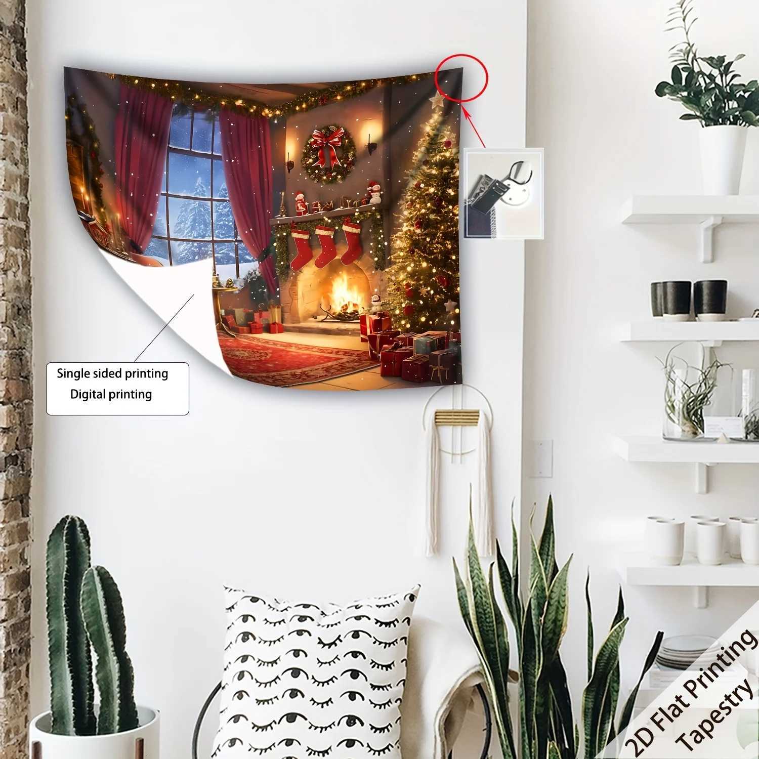 tapestry2D Flat Printing1pcs Christmas Tree Fireplace Gifts Tapestry Christmas Day Large Size Decorative Hanging Cloth HoliM251125
