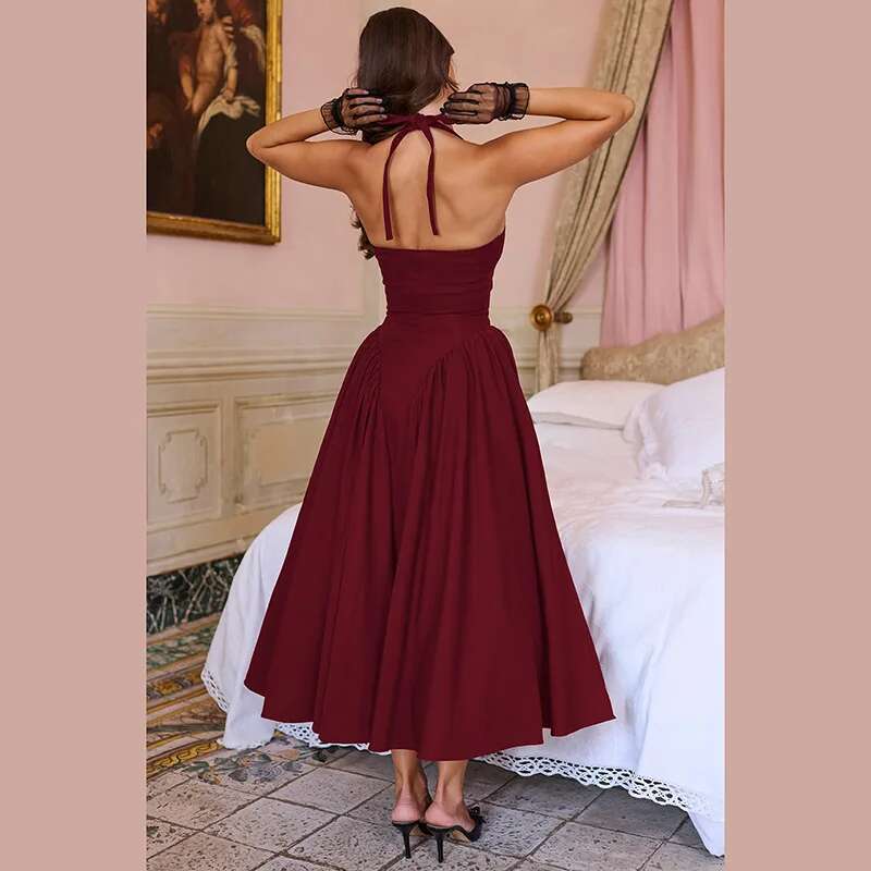 Dongdumaoyi Townlike Waist Warp A Line Pleated Dress Women Midi Long Halter Summer Backless V Neck Nightclub Sexy Party Dresses