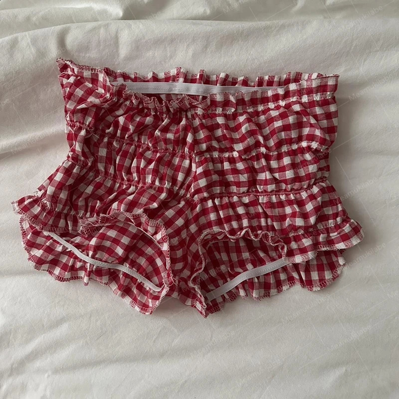 90s retro villa plaid shorts with elastic ultra-thin fit Bloomers pants for women Kawaii casual wear fairy retro Y2K cute knit bottom 250418