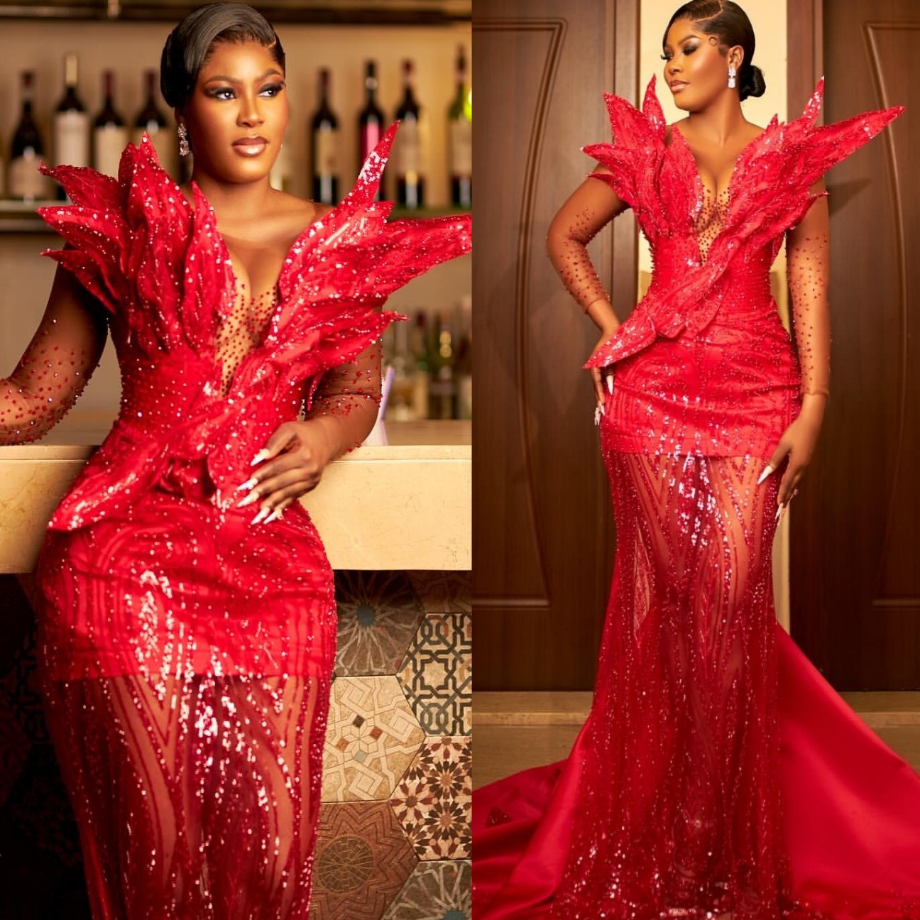 Red Mermaid Plus Size Prom Dresses 2025 Florals Crystals Sequined Sheer Neck Evening Formal Party Second Birthday Engagement Gowns Dress For Special O