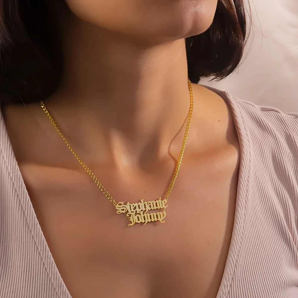 Customized Double Name Old English Necklaces For Women Personalized One To Two Nameplate Necklace Couple Gift Her 250425
