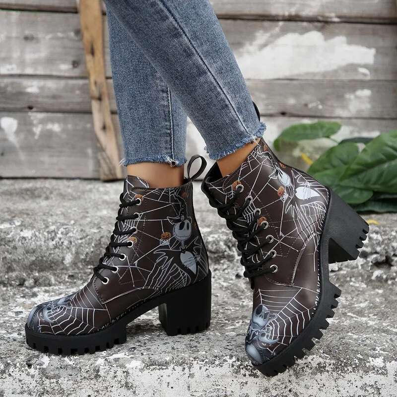 Halloween Skull High-Heeled Short 2024 Winter Item Thick Heel Print Design Versatile Fashion Women's Boots Zapatos Mujer
