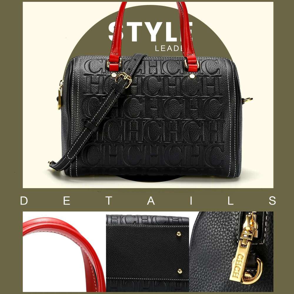 CHCH Women's Shoulder 2024 New Black Cow Leather Letter Emed Zipper Tote Bag 26*14.5*18Cm