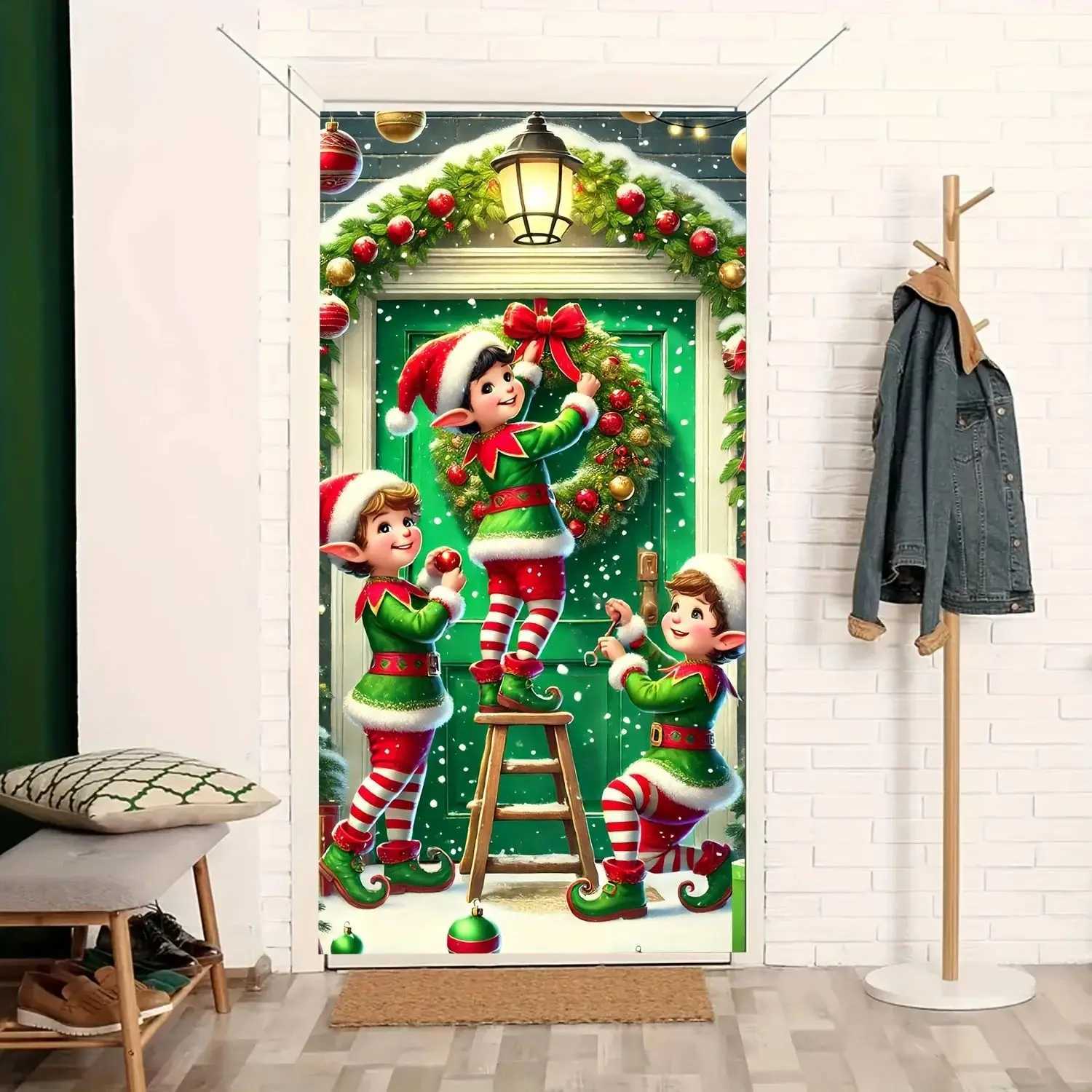 VIKAMA Christmas Elf Wreath Tapestry Door Curtain Holiday Decoration Suitable for Entrances Living Rooms and Party BackdropsM251125