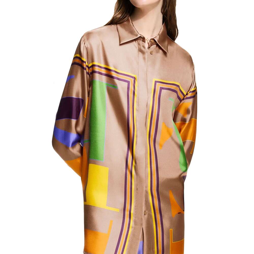 CHCH Loose Geometry Shirt Pants Women Printed Satin Two-Piece Tops Wide Leg Trousers 2024 Casual Two Piece Set