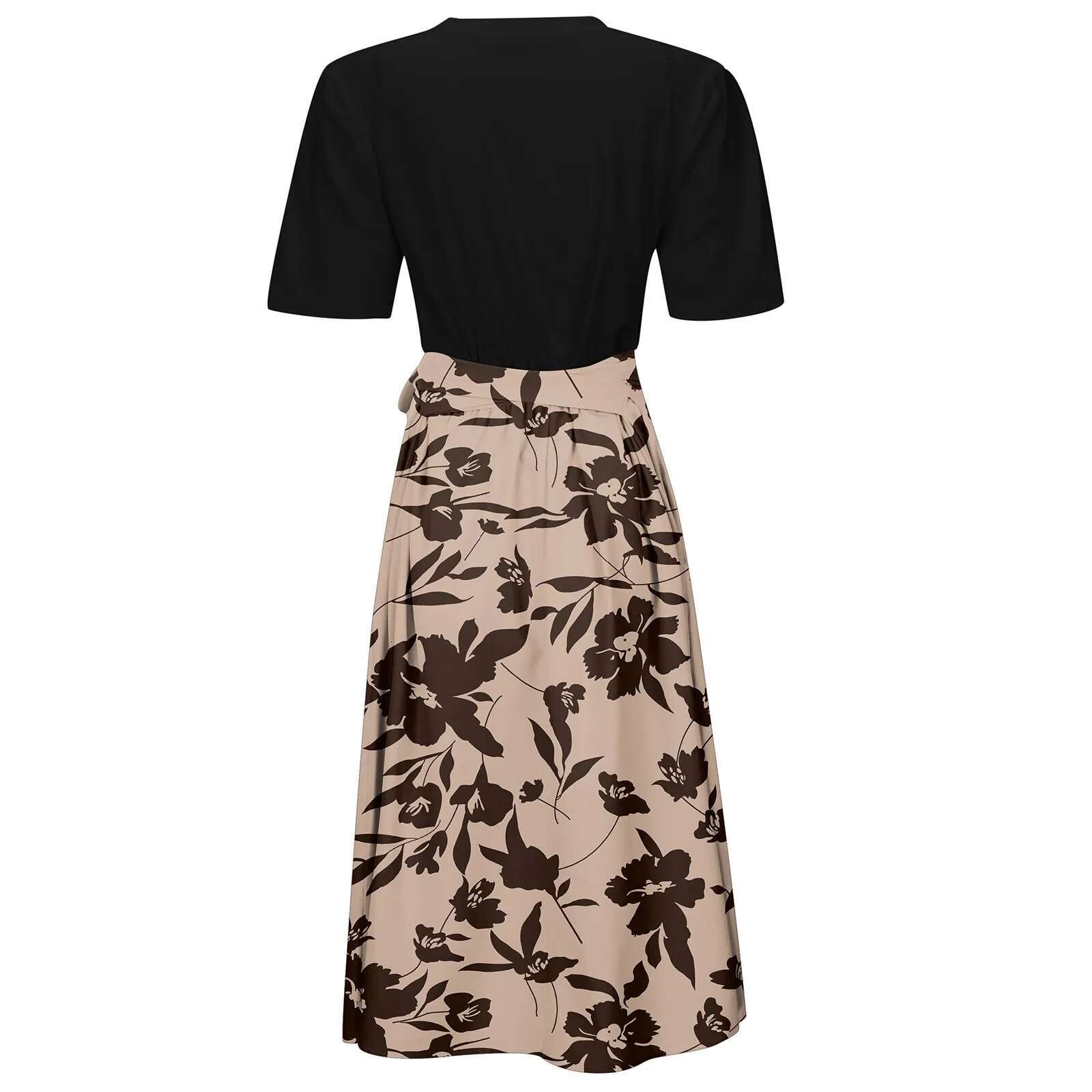 Dongdumaoyi Dresses Elegant Office Lady Outfits A Line Lace Up Slim Fit Waist Ruffle Hem Skirt Color Matching Print Dress Summer