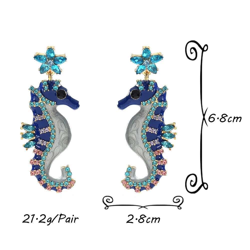 Vedawas Cute Metal Blue Black Crystal Seahorse Drop For Woman Funny Creative Marine Animal Earrings Personality Jewelry