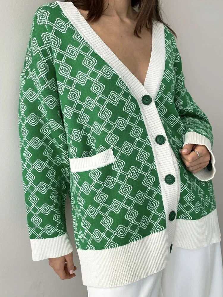 Womens Korean Fashion Oversize Knit Cardigan Jacquard Contrast Loose Mid-Length Cardigan Coat for Autumn/Winter 2025T251125