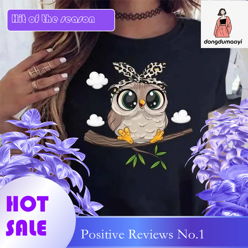 Dongdumaoyi Fashion Cartoon Owl Printed T Shirt Women Kawaii Pattern Plus Size Casual Short Sleeve S Harajuku