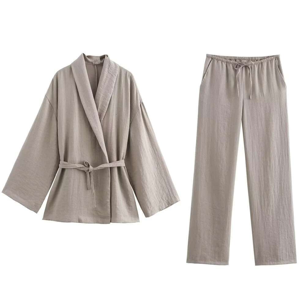 2024 Autumn New Women's Casual Wear With Belt Texture And Kimono Outerwear Pama Style Wide Leg Pants Set