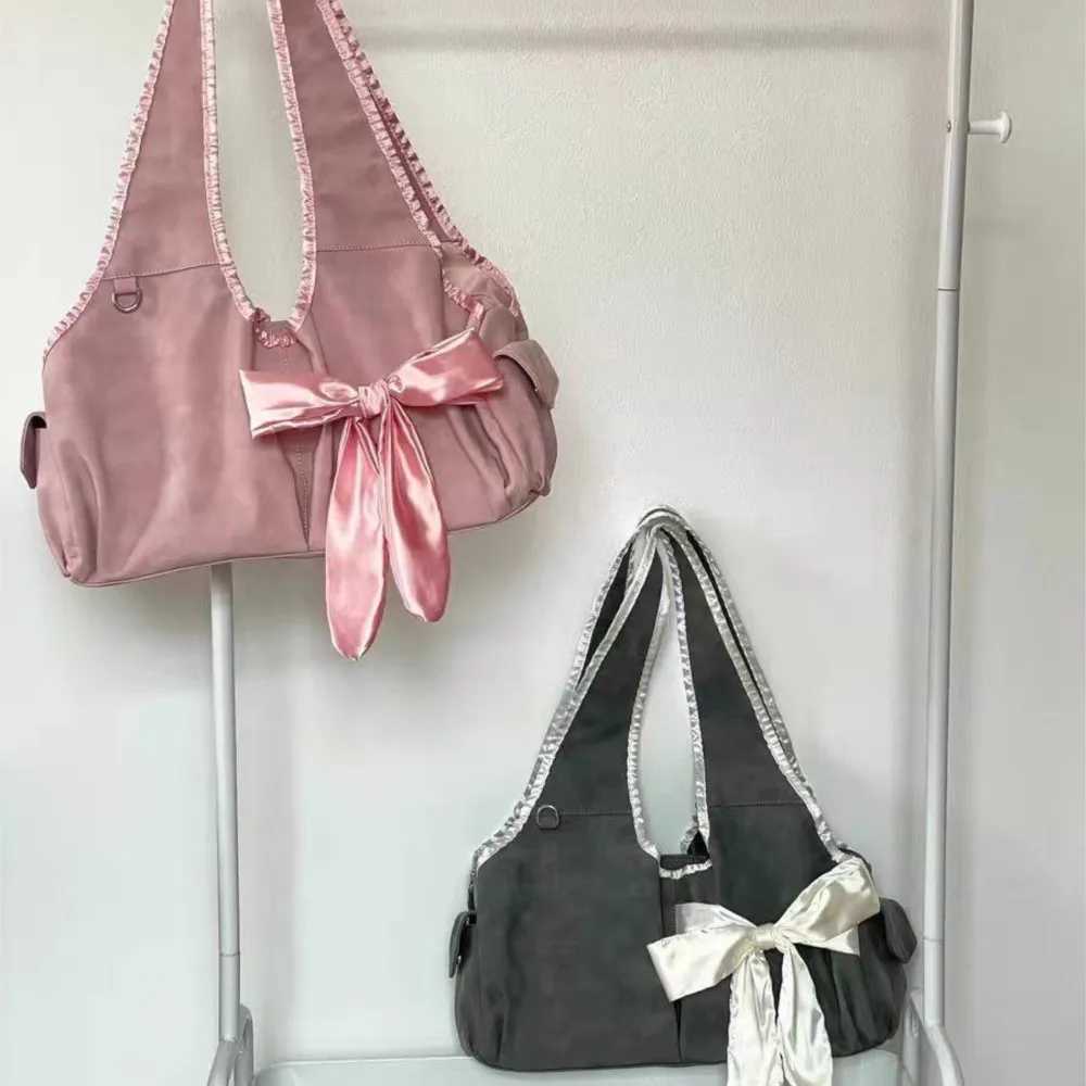JIAERDI Harajuku Large Capacity Handbag Womens Fairycore Aesthetic Bow Unique Grey Handbag Womens Retro Cute Shoulder Bag New W250421