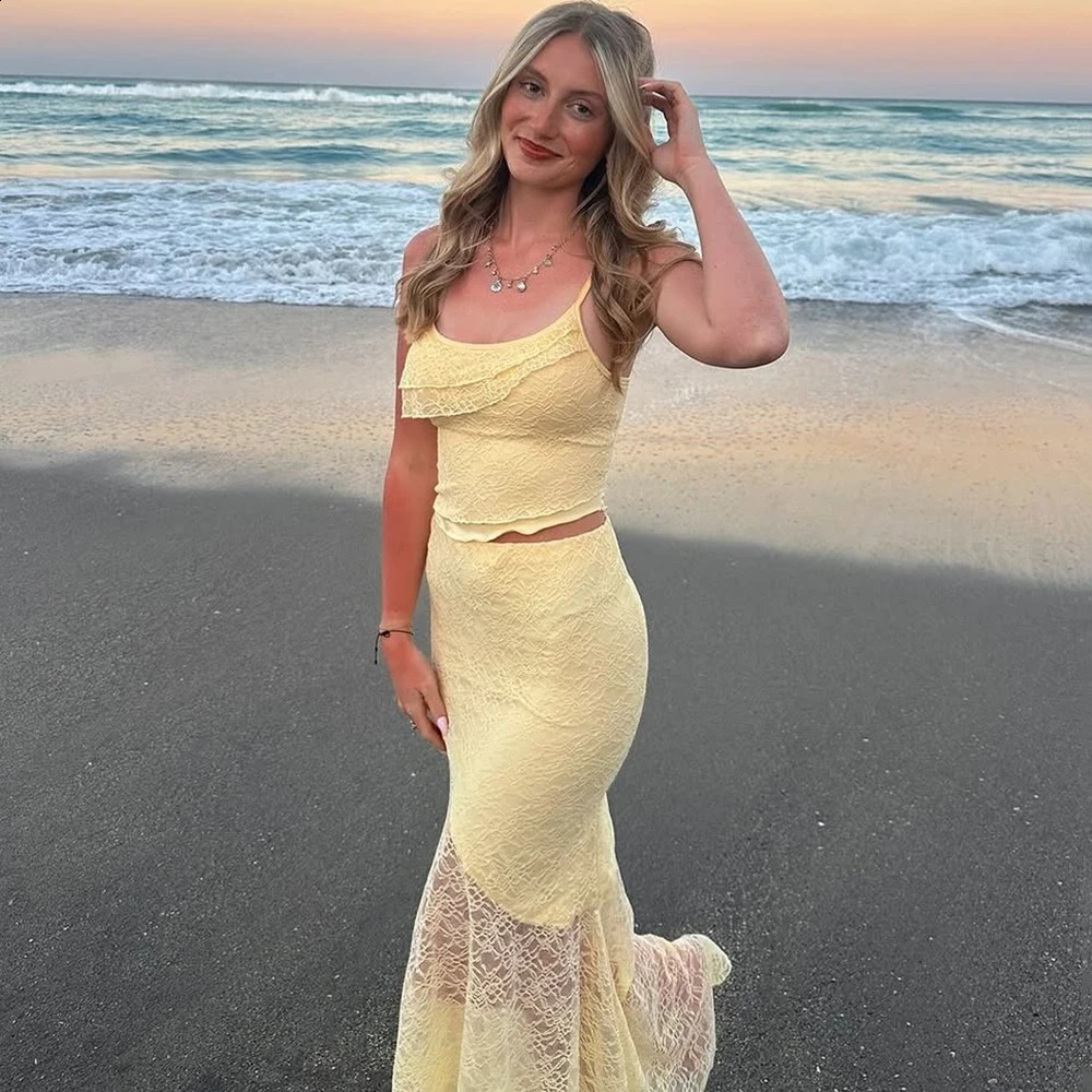 Tuularose lace camisole long sleeved set summer transparent backless pregnant two-piece sexy beach vacation long sleeved set 250422