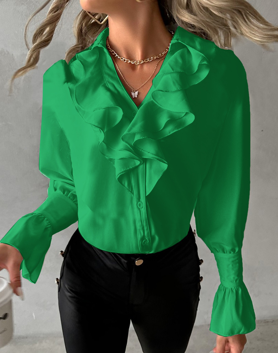 2023 autumn fashion ruffled long sleeved V-neck solid color womens shirt