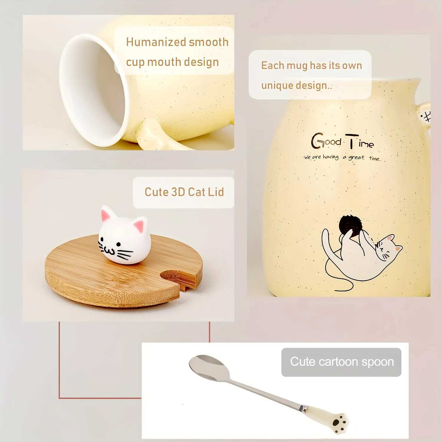 Kawaii Cat Mug 13oz Ceramic Tea Cup with Lid and Spoon Gifts for Cat Lovers and Women Birthday and Christmas Y251125