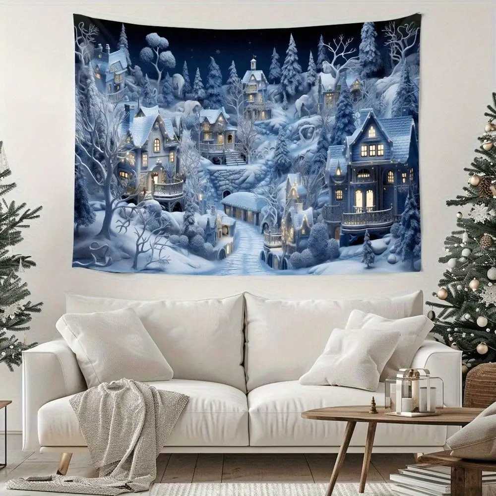 1pc Winter Tapestry Snow Village Christmas Scene Wall Hanging for Living Room Bedroom Decor Back-to-school season Autumn giftsM251125