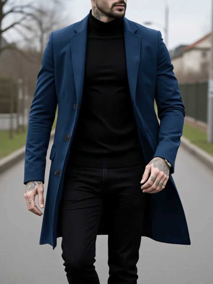 Single-Breasted Wool Blend Coat for Autumn/Winter Thickened Windproof Stand Collar Trench Style Casual Business Warm OuterwearT251125