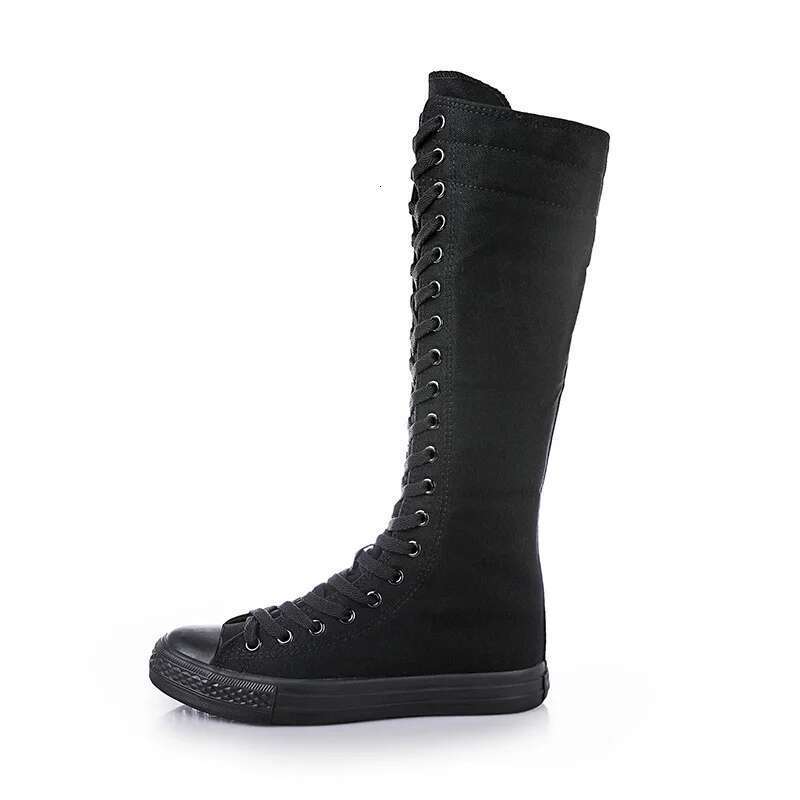 Spring and autumn new high-top inner heightening casual lace-up knee-length boots soft sole flat large size canvas women's shoes