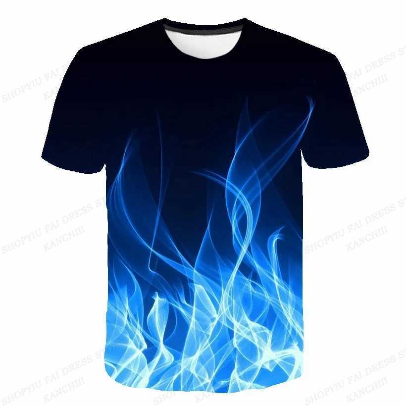 Summer mens T-shirt blue-green flame 3D printed T-shirt mens fashionable short sleeved T-shirt childrens hip-hop top T-shirt boys T-shirt W250425