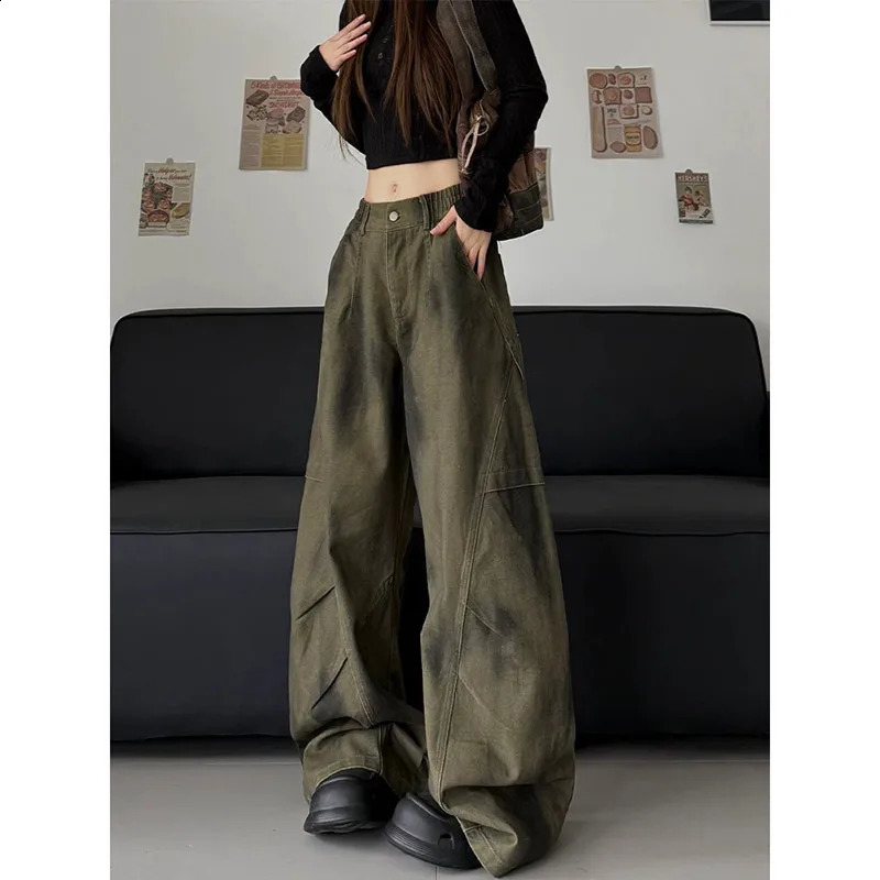 Green retro high waisted womens jeans fashion streetwear wide leg hiphop Y2K style Trouser 2025 pocket 250417