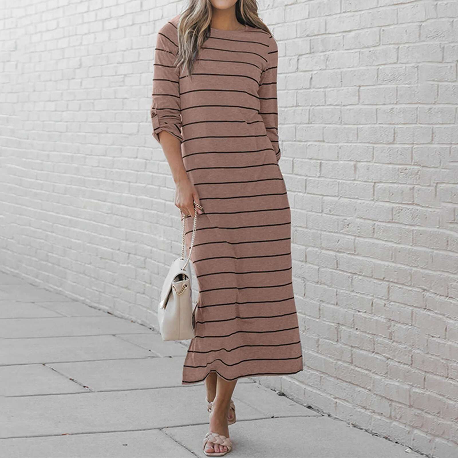 Dongdumaoyi Spring Striped Dresses For Women Long Sleeve Casual O Neck Maxi Dress Ladies Elegant Brown S Warm Summer