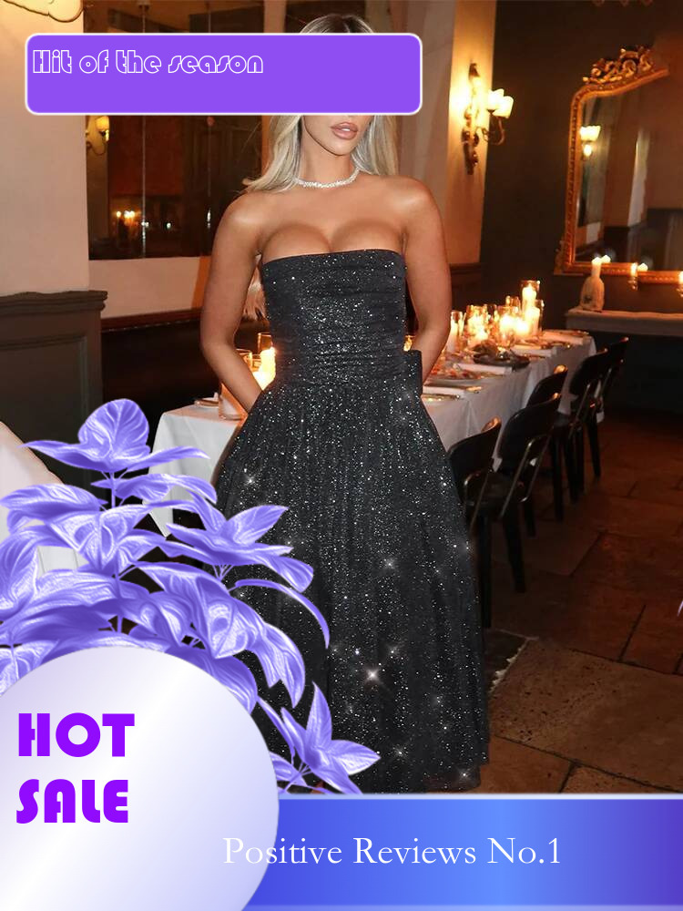 Dongdumaoyi Townlike Sparkle Glitter Mesh Nightclub Sexy Party Dress Women Midi Long Summer Elegant Bow Pleated A Line Dresses