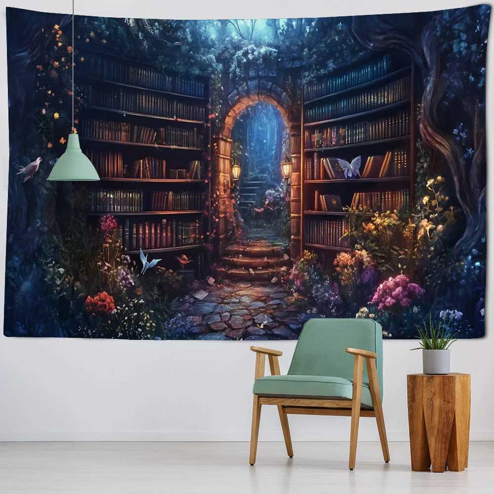 Magic bookshelf wall mounted tapestry library living room background cloth aesthetic bedroom decoration dreamy home decorM251125