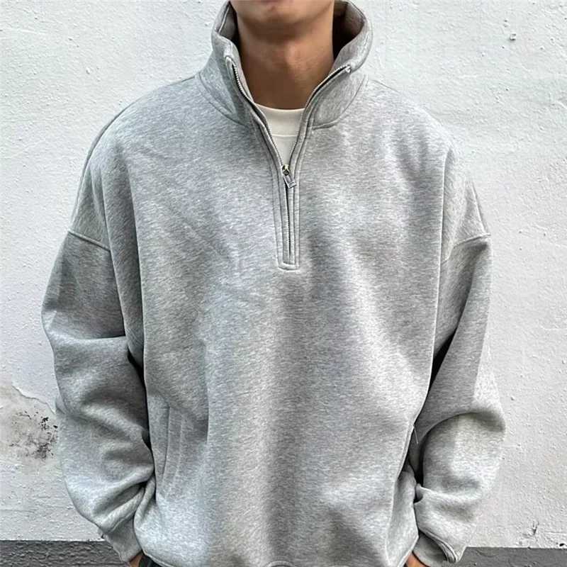 Autumn mens half zipper design sportswear Y2K retro stand up collar pullover hooded sweatshirt M250425