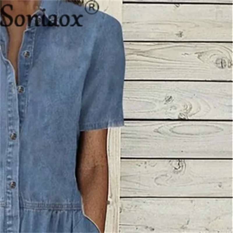 Designer Clothes Elegant Solid Color Short Sleeve Denim Dress Summer Lapel Single-Breasted Splice Dressy Female Comfortable Commuter Casual Gown