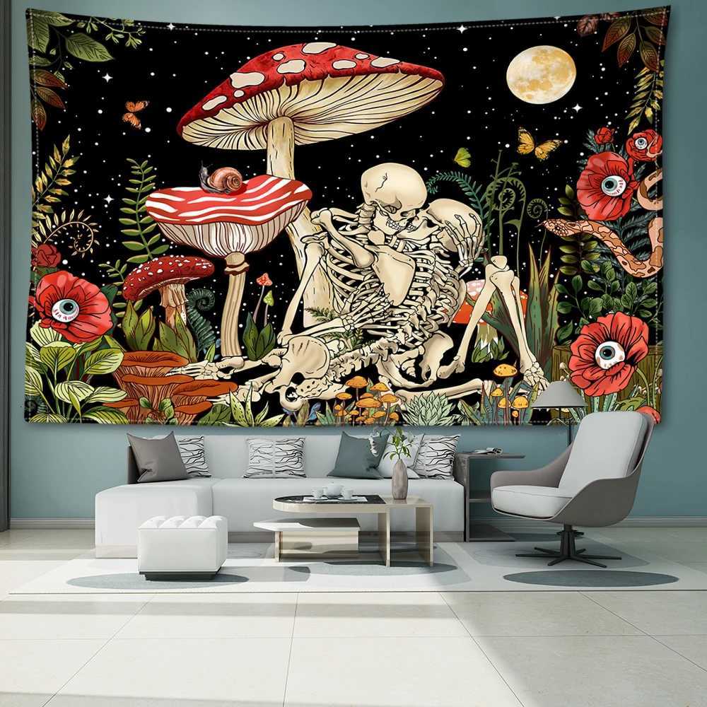 Mushroom And Skeleton Tapestry Wall Hanging Psychedelic Witchcraft Hippie Abstract Scenery Dormitory Bedroom Home DecorM251125