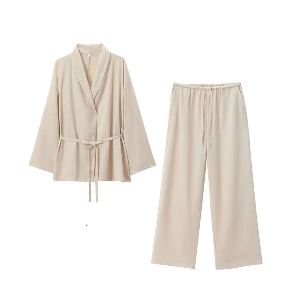 2024 Autumn New Women's Casual Wear With Belt Texture And Kimono Outerwear Pama Style Wide Leg Pants Set