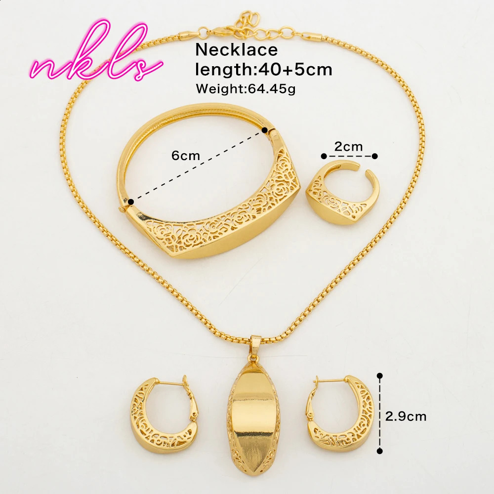 Fashion Necklace Hoop Earrings Ring Bracelet Pendant Dubai Women Golden Color Jewelry Sets African Jewelry Set for Party Gift 250417