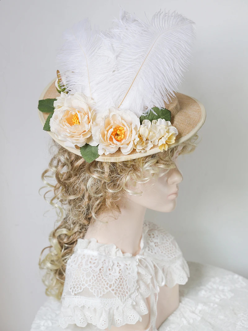 Cosplaydiy Victorian Pastoral Style Bonnet Hat Flower Decor Sunshade Flat Hat Tea Party Flat Cap Lolita Gorgeous Feather Hat 250420