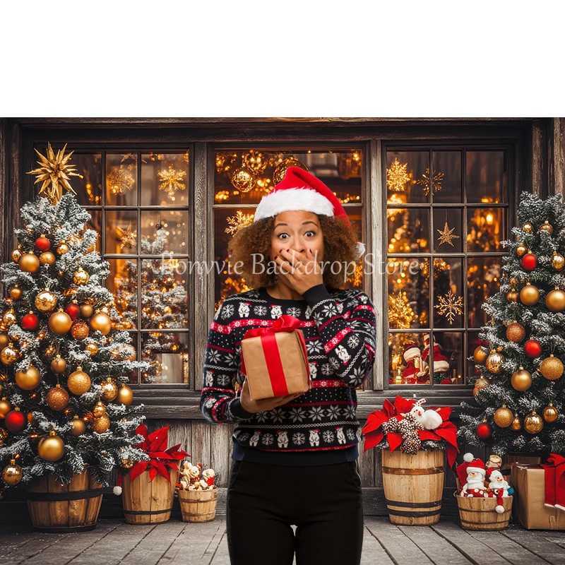 Bonvvie Christmas Backdrop Window Fireplace Xmas Tree Gift Winter Snow Baby Portrait Photography Background Decor Photo StudioM251125