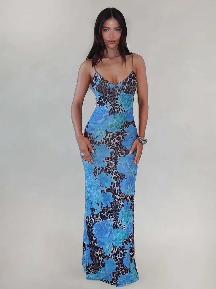 Dongdumaoyi Townlike Print Slim Bodycon Maxi Long Dress Women Spaghetti Strap Summer Backless Nightclub Sexy Party Dresses