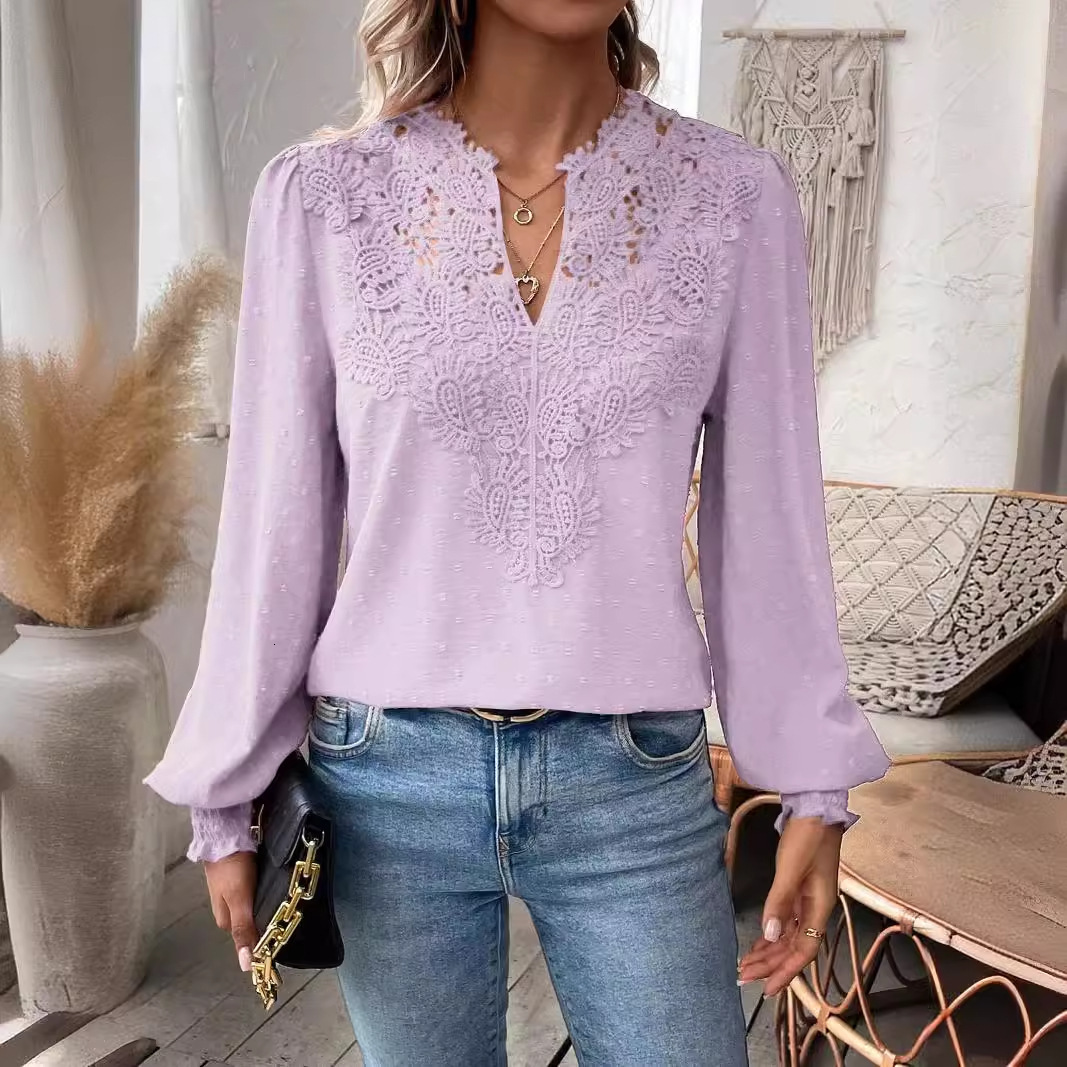 2024 Autumn V-neck Lace Splicing Solid Color Shirt Womens Shirt