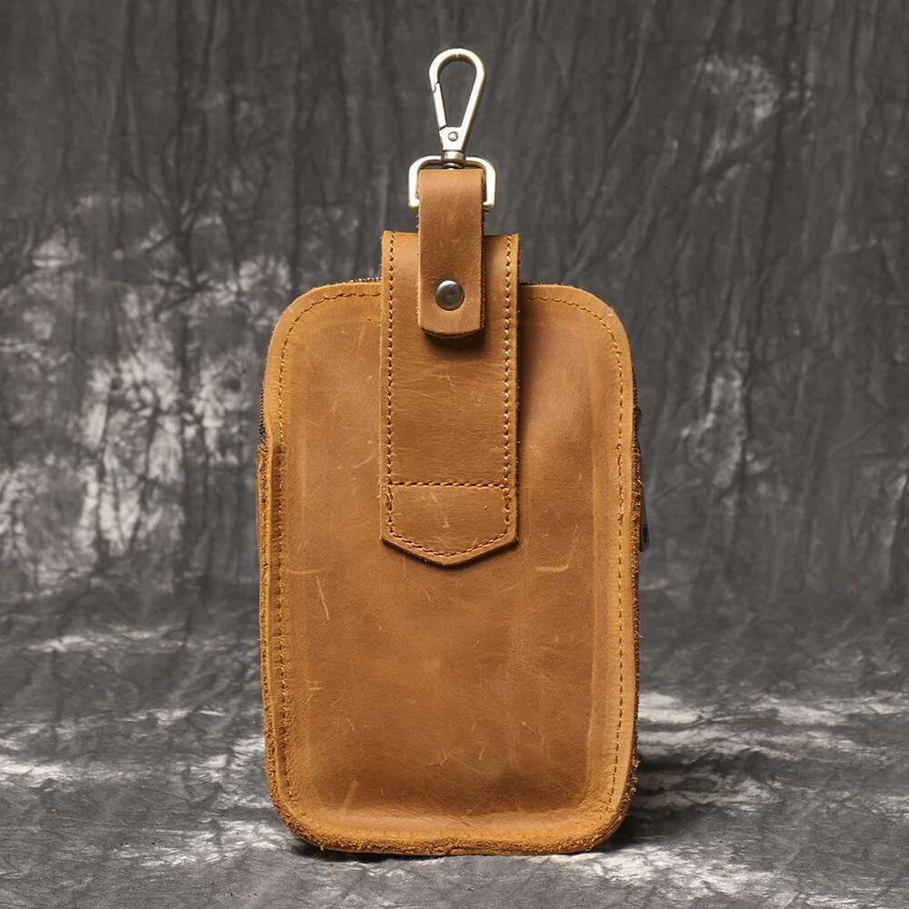 LUOKIR Retro Men's Genuine Crazy Horse Leather Strap, Mobile Phone Bag, Multifunctional Waist Hanging Bag
