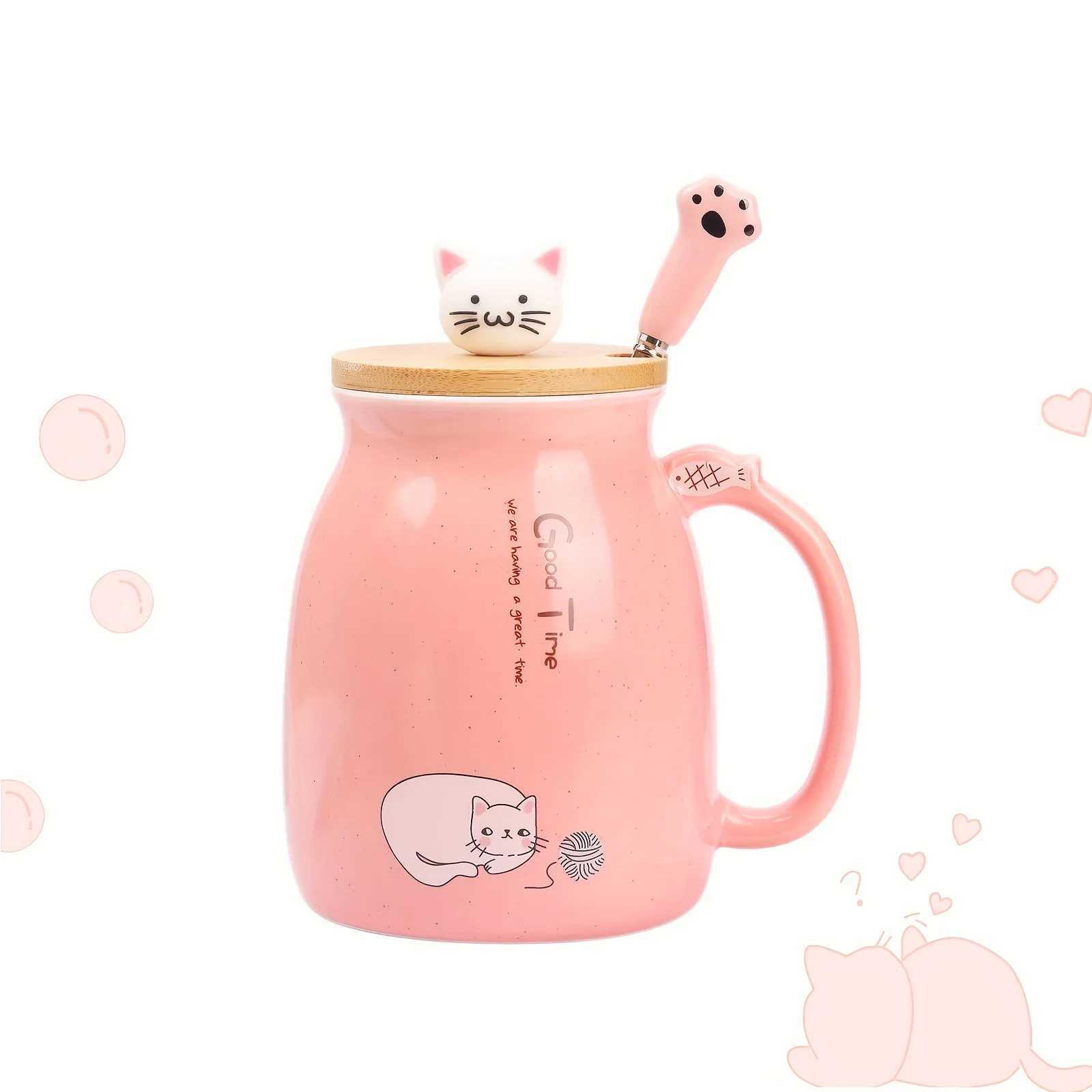 Kawaii Cat Mug 13oz Ceramic Tea Cup with Lid and Spoon Gifts for Cat Lovers and Women Birthday and Christmas Y251125
