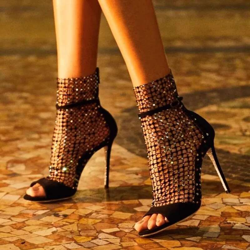 Spring and summer new rhinestone mesh hollow pointed fish mouth open toe sexy sandals sthigh-heeled banquet dress women's sandal