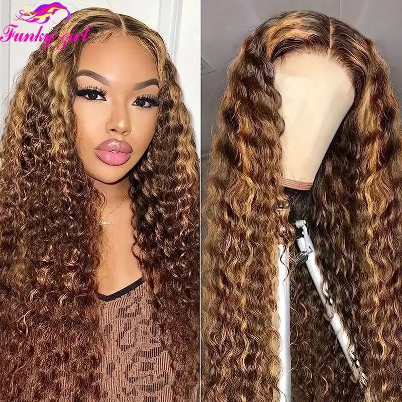 Highlight Honey Blonde Water Wave Front Human Hair 13X4 Transparent Frontal Wig Deep Curly Ombre 4/27 Lace Wigs