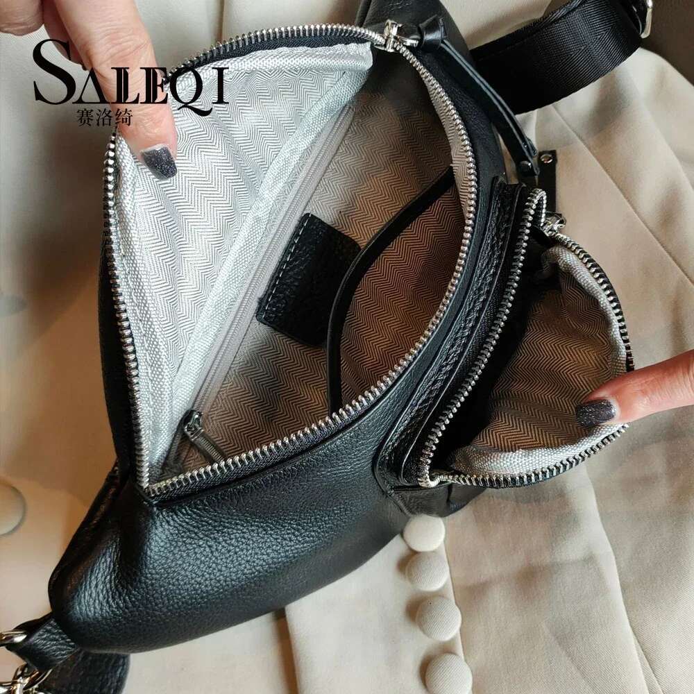 Genuine Leather Shoulder Crossbody Black Waist Designer Fashion Small Advanced Sense Instagram Trendy Chest Bag