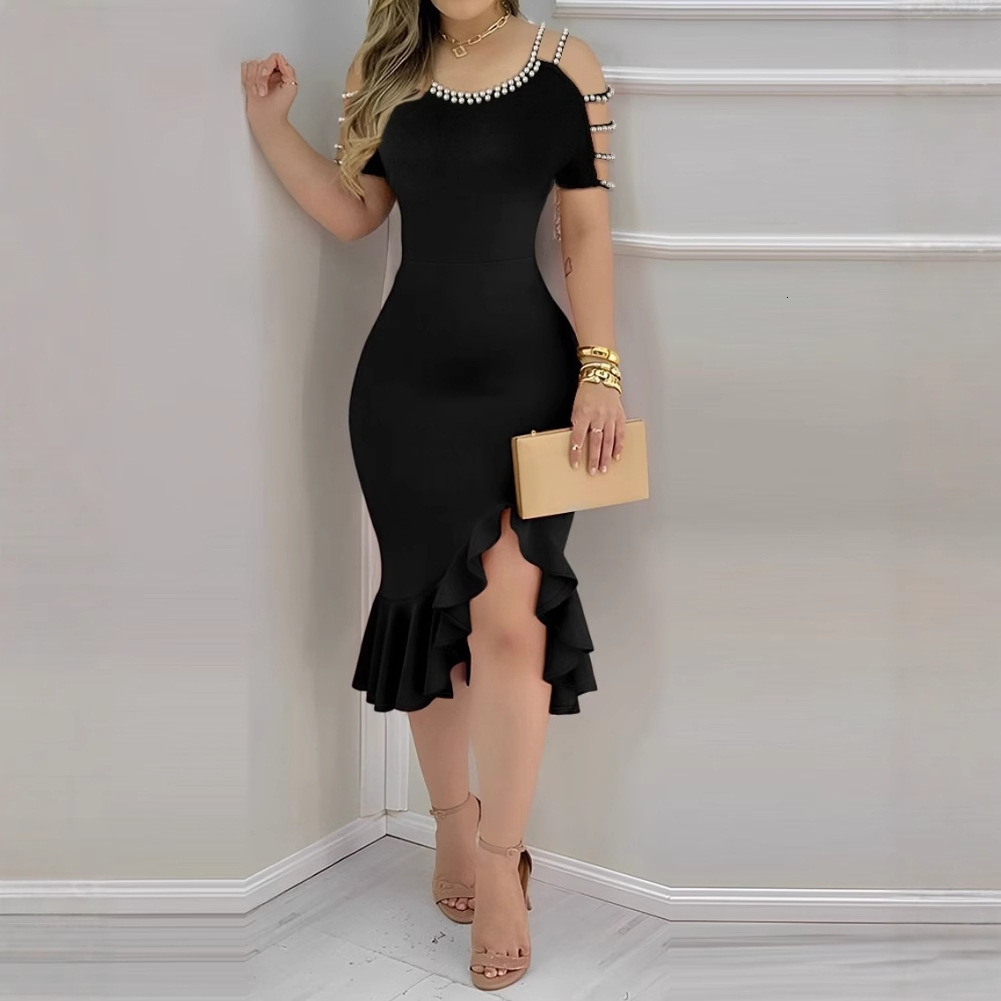 2024 Summer Tight Ruffle Split Pearl Decorative Dress for Women