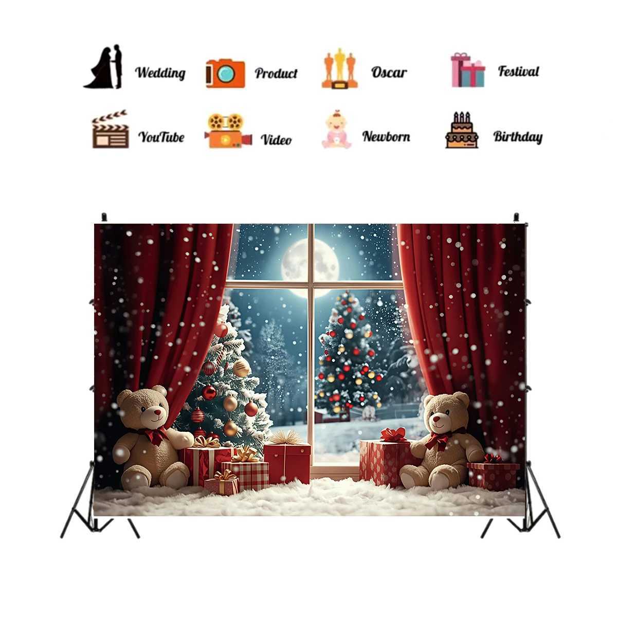 1pc Christmas red curtain teddy bear gift pattern tapestry New Year photography background tapestry aesthetic wall hangingM251125